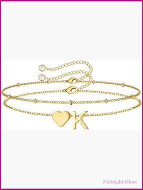 14K Gold Plated Initial Heart Charm Bracelet Adjustable Dainty